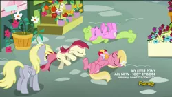 Size: 1366x768 | Tagged: safe, derpibooru import, screencap, daisy, derpy hooves, flower wishes, lily, lily valley, roseluck, pegasus, pony, slice of life (episode), bouquet, butt, female, flower, flower trio, mare, plot, rose, you killed them