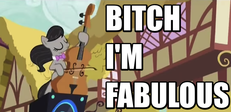 Size: 740x358 | Tagged: 100th episode, bass cannon, bitch i'm fabulous, caption, cello, derpibooru import, image macro, meme, musical instrument, octavia melody, safe, screencap, slice of life (episode), solo, text, vulgar