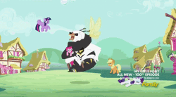 Size: 1278x708 | Tagged: safe, derpibooru import, screencap, applejack, fluttershy, pinkie pie, rarity, twilight sparkle, twilight sparkle (alicorn), alicorn, bugbear, pony, slice of life (episode), animated, discovery family logo, female, fight, flying, mare, monster, noogie