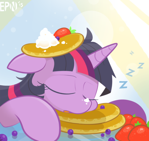 Size: 2000x1897 | Tagged: safe, artist:b-epon, derpibooru import, twilight sparkle, pony, castle sweet castle, blueberry, cute, eyes closed, female, food, i'm pancake, mare, onomatopoeia, pancakes, sleeping, solo, sound effects, strawberry, twiabetes, whipped cream, zzz