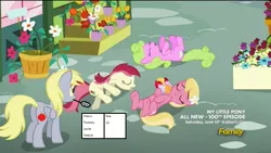 Size: 852x480 | Tagged: safe, derpibooru import, edit, screencap, daisy, derpy hooves, flower wishes, lily, lily valley, roseluck, pegasus, pony, slice of life (episode), butt, dead, death note, female, l lawliet, mare, meta, plot, quill