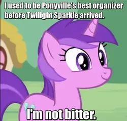 Size: 491x469 | Tagged: safe, derpibooru import, edit, edited screencap, screencap, amethyst star, pony, unicorn, slice of life (episode), 100th episode, blatant lies, caption, cropped, duck dodgers, female, image macro, implied twilight sparkle, jealous, mare, meme, reference, solo, stepford smiler, text