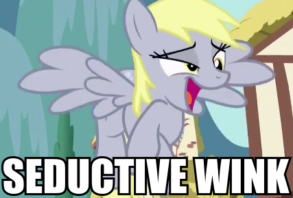 Size: 427x289 | Tagged: safe, derpibooru import, edit, edited screencap, screencap, derpy hooves, pegasus, pony, slice of life (episode), caption, cropped, crossed hooves, faic, female, house, image macro, mare, meme, one eye closed, open mouth, reaction image, seductive, seductive wink, solo, spread wings, text, wings, wink