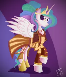 Size: 3100x3600 | Tagged: artist:fluffydus, assassin's creed, clothes, derpibooru import, jewelry, necklace, princess celestia, raised hoof, safe, smiling, smirk, solo, spread wings, wings