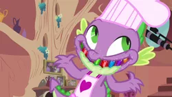 Size: 1280x720 | Tagged: apron, chef, chef's hat, clothes, derpibooru import, hat, jewels, jewel teeth, just for sidekicks, naked apron, peewee, safe, screencap, smiling, solo, spike, teeth, toque