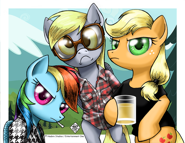 Size: 1155x893 | Tagged: safe, artist:razia, derpibooru import, applejack, derpy hooves, rainbow dash, pegasus, pony, bubbles (trailer park boys), female, julian (trailer park boys), mare, ricky, trailer park boys