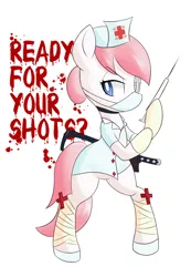 Size: 928x1344 | Tagged: safe, artist:hidden-cat, derpibooru import, nurse redheart, pony, bandage, bipedal, crossover, eyepatch, gloves, image, png, rubber gloves, saw, skullgirls, solo, syringe, valentine (skullgirls)