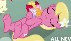Size: 522x303 | Tagged: animated, bouquet, derpibooru import, flower, leg twitch, lily, lily valley, playing dead, roseluck, safe, screencap, slice of life (episode), twitching