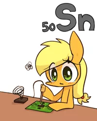 Size: 800x1000 | Tagged: applejack, artist:joycall6, blushing, chemistry, circuit board, derpibooru import, electronics, hatless, hoof hold, missing accessory, part of a set, pcb, periodic table, safe, series:joycall6's periodic table, solder, soldering, soldering iron, solo, stannum, teary eyes, tin