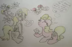 Size: 2340x1536 | Tagged: artist needed, safe, derpibooru import, daisy, derpy hooves, flower wishes, lily, lily valley, roseluck, pegasus, pony, slice of life (episode), alternate scenario, derisy, female, flower, flower trio, food, mare, muffin, rush, traditional art