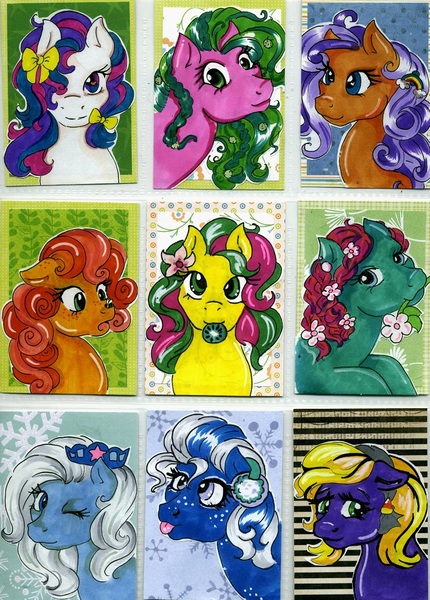 Size: 785x1095 | Tagged: abra-ca-dabra, artist:skypinpony, artist trading card, bow tie (g3), bumblesweet, crystal crown, derpibooru import, desert blossom, g3, gardenia glow, island rainbow (g3), kiwi tart, oc, photo, safe, snowflake (g3), traditional art