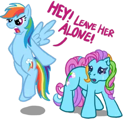 Size: 1044x1010 | Tagged: safe, artist:anscathmarcach, derpibooru import, rainbow dash, rainbow dash (g3), pegasus, pony, crying, defending, dialogue, female, floating, g3, loyalty, mare, ponies defending previous generation, self ponidox, simple background, transparent background