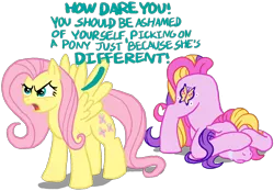 Size: 1552x1080 | Tagged: safe, artist:anscathmarcach, derpibooru import, fluttershy, fluttershy (g3), pegasus, pony, angry, crying, dialogue, female, g3, hiding, hiding behind hooves, mare, ponies defending previous generation, self ponidox, simple background, spread wings, transparent background, wings