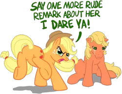 Size: 1392x1078 | Tagged: safe, artist:anscathmarcach, derpibooru import, applejack, applejack (g1), earth pony, pony, angry, applebucking, applebucking thighs, applejack's hat, bucking, cowboy hat, crying, dialogue, female, g1, generational ponidox, hat, imminent pain, mare, ponies defending previous generation, sad, silly, silly pony, stetson, this will end in pain, this will not end well, who's a silly pony