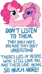 Size: 1035x1806 | Tagged: safe, artist:anscathmarcach, derpibooru import, pinkie pie, pinkie pie (g3), earth pony, pony, blue text, comforting, crying, female, g3, mare, ponies defending previous generation, self ponidox, simple background, text, transparent background