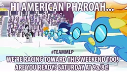 Size: 640x360 | Tagged: american pharoah, derpibooru import, discovery family, edit, edited screencap, fleetfoot, horse racing, meta, safe, screencap, soarin', spitfire, surprise, sweet and elite, twitter, wonderbolts, wonderbolts stadium