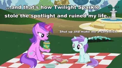 Size: 960x540 | Tagged: safe, derpibooru import, edit, edited screencap, screencap, amethyst star, liza doolots, petunia, tootsie flute, pony, unicorn, slice of life (episode), the mysterious mare do well, amethyst star is not amused, caption, duo, female, filly, foal, food, fountain, glowing horn, headcanon, horn, image macro, jar, levitation, magic, magic aura, mare, peanut butter, picnic, picnic blanket, sandwich, sitting, telekinesis, text, that pony sure loves peanut butter