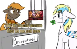 Size: 1056x670 | Tagged: safe, artist:ralek, color edit, derpibooru import, edit, big macintosh, braeburn, caramel, soarin', oc, oc:cirrus sky, oc:umber, earth pony, hippogriff, pony, 2015, booth, braeburned, clothes, colored, convention, crying, disappointed, floppy ears, fluffy, frown, funny, male, midwest brony fest, money, mouth hold, sad, stallion, sweater