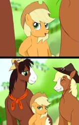 Size: 505x794 | Tagged: safe, artist:gamblingfoxinahat, derpibooru import, applejack, trouble shoes, oc, oc:red delicious, earth pony, pony, blaze (coat marking), female, hat, male, mare, offspring, parent:applejack, parent:troubleshoes clyde, parents:troublejack, shipping, size difference, stallion, straight, trio, troublejack