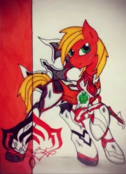 Size: 1476x2038 | Tagged: safe, artist:canvymamamoo, derpibooru import, big macintosh, earth pony, pony, armor, axe, crossover, male, rhino (warframe), solo, stallion, traditional art, video game, warframe, weapon