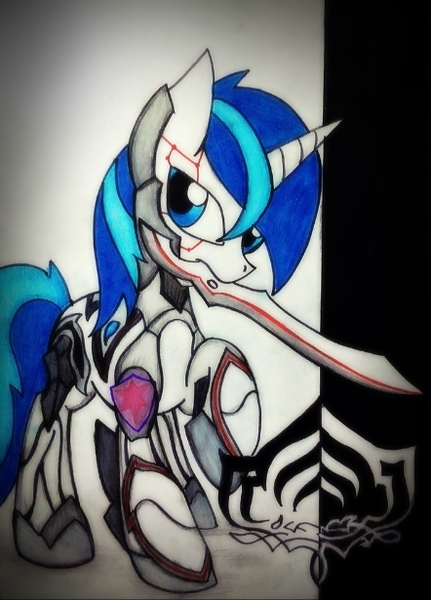 Size: 442x615 | Tagged: armor, artist:canvymamamoo, crossover, derpibooru import, excalibur (warframe), safe, shining armor, solo, sword, traditional art, video game, warframe, weapon