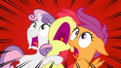 Size: 6667x3750 | Tagged: absurd resolution, .ai available, apple bloom, appleoosa's most wanted, artist:masem, cutie mark crusaders, derpibooru import, motion lines, nose in the air, safe, scootaloo, screaming, sweetie belle, uvula, vector