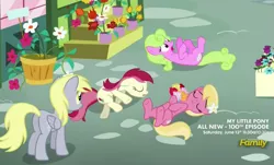 Size: 941x569 | Tagged: safe, derpibooru import, screencap, daisy, derpy hooves, flower wishes, lily, lily valley, roseluck, pegasus, pony, slice of life (episode), background pony, bouquet, female, flower, flower trio, mare, playing dead, rose, the horror