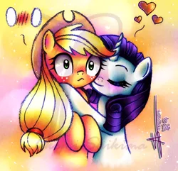 Size: 1200x1156 | Tagged: safe, artist:shikimaakemi, derpibooru import, applejack, rarity, earth pony, pony, unicorn, :<, abstract background, blushing, cute, eyes closed, female, get, heart, hug, image, index get, jackabetes, lesbian, nuzzling, png, raribetes, rarijack, shipping, smiling, watermark, wide eyes