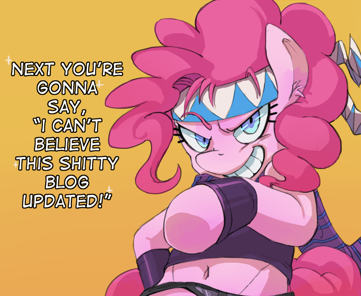 Size: 1100x900 | Tagged: artist:uc77, battle tendency, belly button, derpibooru import, hotblooded pinkie pie, jojo's bizarre adventure, joseph joestar, parody, pinkie pie, safe, solo, vulgar