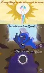 Size: 974x1587 | Tagged: derpibooru import, eclipse, hub logo, moon, pink floyd, princess celestia, princess luna, princess twilight sparkle (episode), safe, screencap, song reference, summer sun celebration, sun, sun work, the cutie mark chronicles, the dark side of the moon