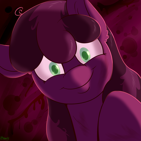 Size: 1500x1500 | Tagged: artist:skoon, blood, cheerilee, derpibooru import, fanfic, fanfic art, fanfic:cheerilee's garden, grimdark, looking at you, smiling, solo, yandere