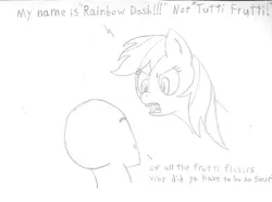 Size: 903x672 | Tagged: angry, anonymous, artist:scraggleman, derpibooru import, human, monochrome, oc, oc:anon, rainbow dash, safe, silly, sketch, traditional art, tutti frutti (food)