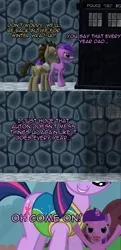 Size: 1024x2112 | Tagged: safe, artist:mattwo, derpibooru import, amethyst star, doctor whooves, time turner, pony, slice of life (episode), winter wrap up, 3d, comic, doctor who, gmod, headcanon, male, oh come on, purple text, stallion, tardis