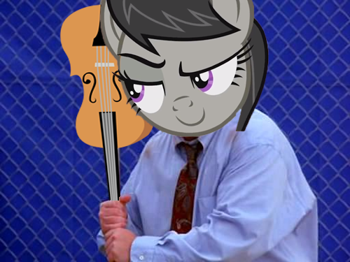 Size: 500x375 | Tagged: bedroom eyes, cello, costanza face, derpibooru import, george costanza, insertavia, ishygddt, meme, musical instrument, octavia melody, raised eyebrow, reaction image, safe, seinfeld, slice of life (episode), smiling, solo, this will end in tears