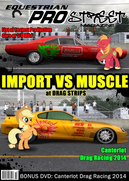 Size: 1000x1400 | Tagged: safe, artist:nsdrift, derpibooru import, applejack, big macintosh, earth pony, pony, car, dodge (car), dodge charger, female, jza80, male, mare, need for speed, need for speed pro street, stallion, toyota, toyota supra