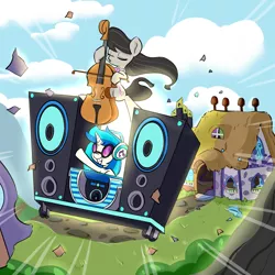 Size: 1320x1320 | Tagged: safe, artist:artguydis, derpibooru import, octavia melody, vinyl scratch, earth pony, pony, unicorn, slice of life (episode), cello, cloud, duo, eyes closed, female, headphones, mare, musical instrument, scene interpretation, sky, smiling, that was fast, vinyl and octavia's home, wubcart