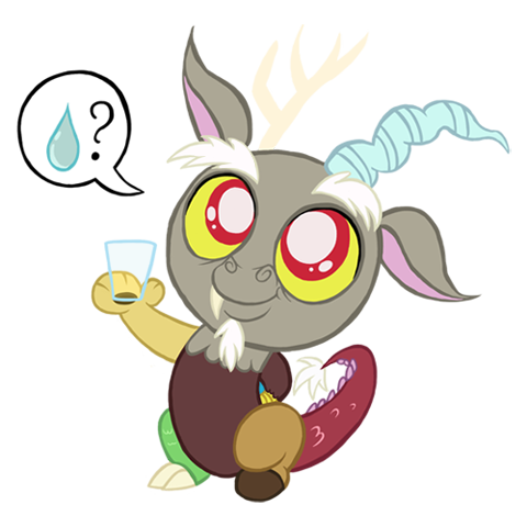 Size: 480x480 | Tagged: artist:gluglotte, baby, baby discord, cute, derpibooru import, discord, discute, glass, glass of water, pictogram, question mark, safe, simple background, three's a crowd, transparent background, younger