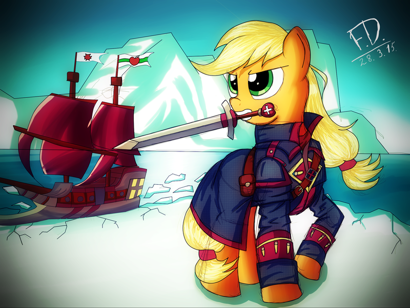 Size: 2048x1536 | Tagged: applejack, artist:fluffydus, assassin's creed, assassin's creed rogue, derpibooru import, mouth hold, parody, safe, ship, solo, sword, weapon