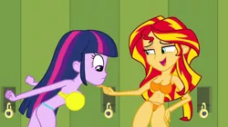 Size: 1536x862 | Tagged: suggestive, derpibooru import, edit, edited edit, edited screencap, screencap, sunset shimmer, twilight sparkle, equestria girls, equestria girls (movie), bra, breast edit, breasts, busty twilight sparkle, clothes, female, females only, orange underwear, panties, thong, underwear, underwear edit, yellow underwear