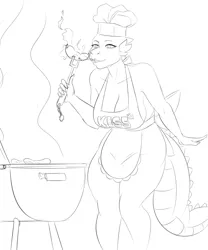 Size: 1250x1500 | Tagged: anthro, apron, artist:amaraburrger, barb, barbeque, breasts, busty barb, chef's hat, clothes, derpibooru import, female, fire, fire breath, food, grill, hat, hot dog, meat, monochrome, naked apron, nudity, partial nudity, rule 63, sausage, spike, suggestive