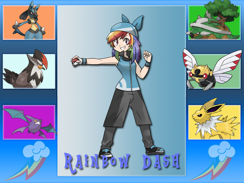 Size: 800x600 | Tagged: artist:kianamai, crobat, crossover, derpibooru import, human, humanized, jolteon, lucario, ninjask, pokémon, pokémon trainer, rainbow dash, safe, staraptor, torterra