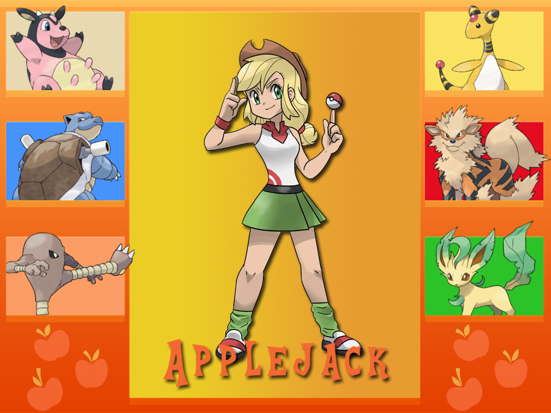 Size: 800x600 | Tagged: ampharos, applejack, arcanine, artist:kianamai, blastoise, crossover, derpibooru import, hitmonlee, human, humanized, leafeon, miltank, pokémon, pokémon trainer, safe