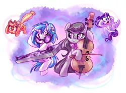 Size: 2100x1550 | Tagged: safe, artist:whitediamonds, derpibooru import, applejack, octavia melody, rarity, vinyl scratch, pony, slice of life (episode), bipedal, cello, female, grin, lesbian, musical instrument, rarijack, rarijack daily, scratchtavia, shipping, smiling, sunglasses, turntable, underhoof