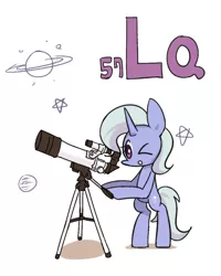 Size: 800x1000 | Tagged: safe, artist:joycall6, derpibooru import, part of a set, trixie, pony, unicorn, series:joycall6's periodic table, :o, bipedal, chemistry, cute, diatrixes, female, hoof hold, lanthanum, mare, one eye closed, open mouth, periodic table, planet, simple background, solo, stars, telescope, white background, wink