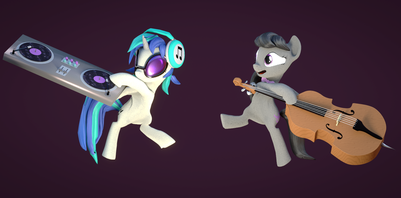 Size: 1552x768 | Tagged: safe, artist:3d thread, derpibooru import, octavia melody, vinyl scratch, pony, slice of life (episode), /mlp/, 3d, 3d model, bipedal, blender, cello, musical instrument, scene interpretation, turntable