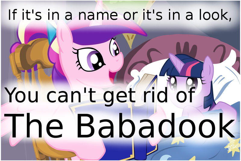 Size: 1024x683 | Tagged: safe, deleted from derpibooru, derpibooru import, edit, edited screencap, screencap, princess cadance, twilight sparkle, alicorn, pony, unicorn, babadook, bedtime story, book, cadance's bedtime stories, caption, duo, exploitable meme, looking up, meme, the babadook, this will end in death, this will end in possession, this will end in tears, this will end in tears and/or death, this will not end well, younger