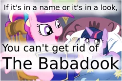 Size: 1024x683 | Tagged: safe, deleted from derpibooru, derpibooru import, edit, edited screencap, screencap, princess cadance, twilight sparkle, alicorn, pony, unicorn, babadook, bedtime story, book, cadance's bedtime stories, caption, duo, exploitable meme, looking up, meme, the babadook, this will end in death, this will end in possession, this will end in tears, this will end in tears and/or death, this will not end well, younger