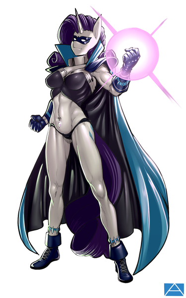 Size: 1000x1600 | Tagged: anthro, artist:m@k, belly button, bellyring, clothes, costume, derpibooru import, female, gloves, green lantern, magic, mask, panties, parallax, piercing, power ponies, radiance, rarity, solo, solo female, star sapphire, suggestive, underwear