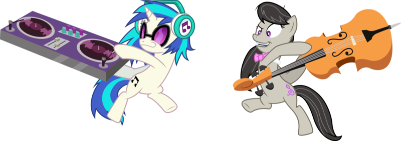 Size: 13544x4774 | Tagged: safe, artist:masem, derpibooru import, octavia melody, vinyl scratch, earth pony, pony, unicorn, slice of life (episode), .ai available, absurd resolution, bowtie, cello, cutie mark, female, headphones, hooves, horn, mare, mixing console, musical instrument, open mouth, simple background, sunglasses, teeth, transparent background, turntable, vector