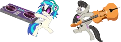 Size: 13544x4774 | Tagged: safe, artist:masem, derpibooru import, octavia melody, vinyl scratch, earth pony, pony, unicorn, slice of life (episode), .ai available, absurd resolution, bowtie, cello, cutie mark, female, headphones, hooves, horn, mare, mixing console, musical instrument, open mouth, simple background, sunglasses, teeth, transparent background, turntable, vector